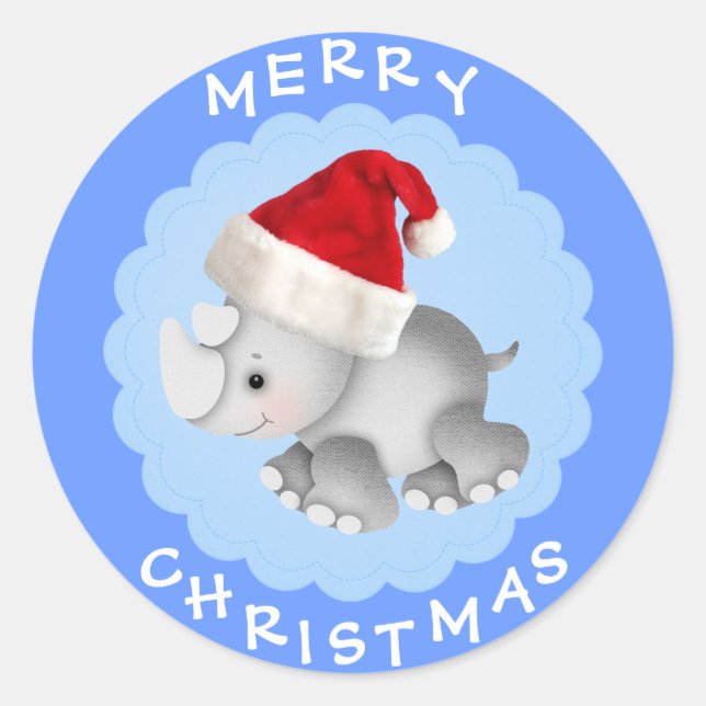 Cute Rhino in Santa Hat Blue Christmas Stickers (Front)