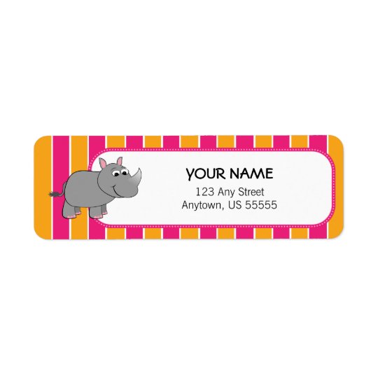 Cute Rhino on Pink and Orange Stripes Return Address Label
