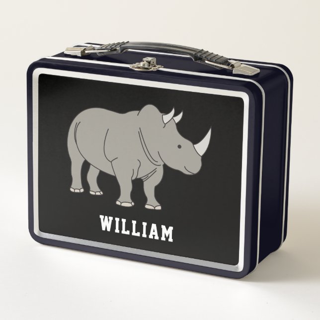 Cute Rhino Personalized Custom Name Back To School Metal Lunch Box (Front)