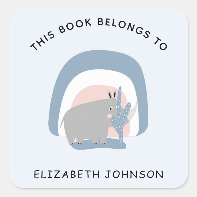 Cute Rhino Rainbow Illustration Kid Name Bookplate Square Sticker (Front)