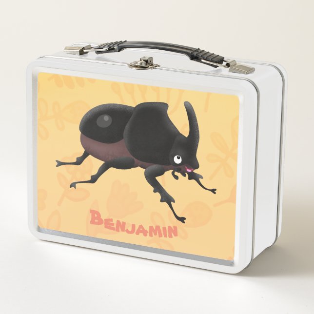 Cute rhinoceros beetle cartoon illustration metal lunch box (Front)