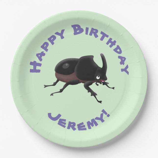 Cute rhinoceros beetle cartoon illustration paper plate (Front)