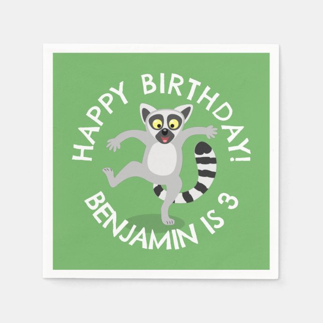 Cute ring tail lemur cartoon personalized birthday napkin (Front)