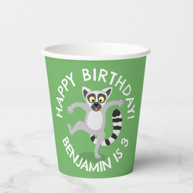 Cute ring tail lemur cartoon personalized birthday paper cups (Front)