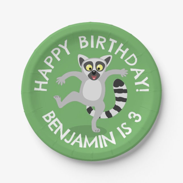 Cute ring tail lemur cartoon personalized birthday paper plate (Front)