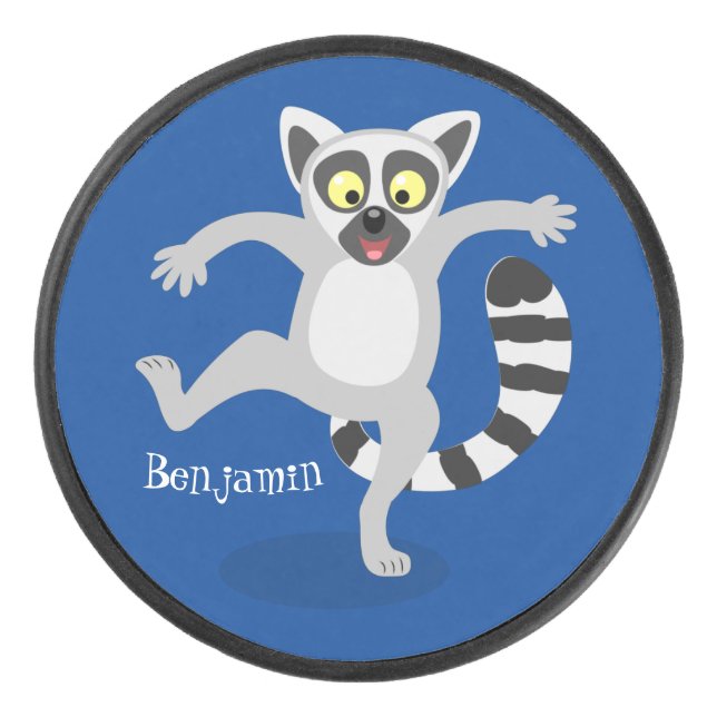 Cute ring tail lemur dancing cartoon illustration hockey puck (Front)
