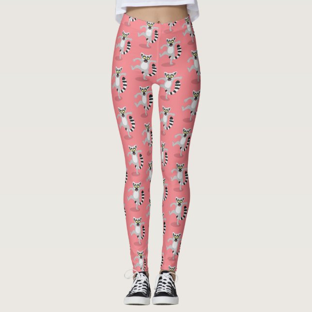 Cute ring tail lemur dancing cartoon illustration leggings (Front)