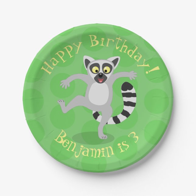 Cute ring tail lemur dancing cartoon illustration paper plate (Front)