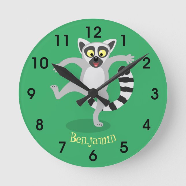 Cute ring tail lemur dancing cartoon illustration round clock (Front)