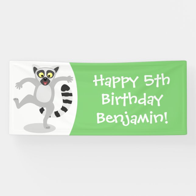 Cute ring tail lemur personalized cartoon birthday banner (Horizontal)
