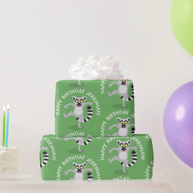 Cute ring tail lemur personalized cartoon birthday wrapping paper (Party Gifts)