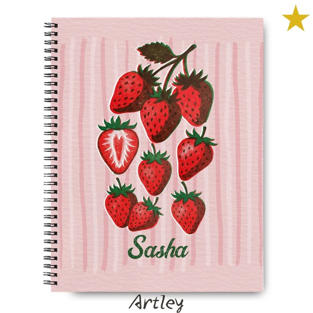 Cute Risograph Strawberries & Stripes Custom Name  Notebook (Creator Uploaded)