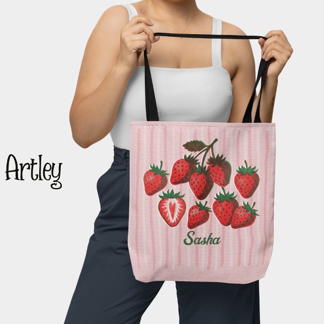 Cute Risograph Strawberries & Stripes Custom Name  Tote Bag (Creator Uploaded)
