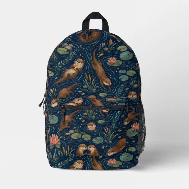 Cute River Otter Watercolor Pattern Printed Backpack (Front)
