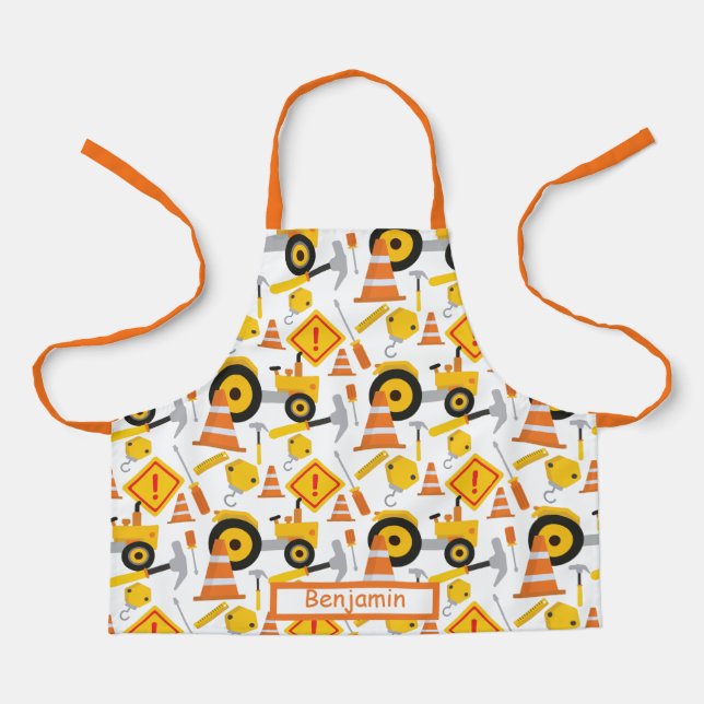 Cute Road Construction Yellow Orange Kids Graphic Apron (Front)