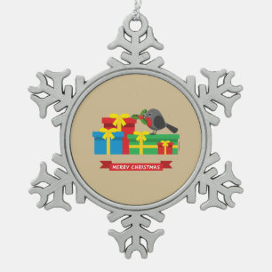 Cute Robin And The Four Colourful Gifts Snowflake Pewter Christmas Ornament