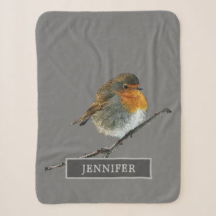 Cute Robin bird family monogrammed grey Sherpa Blanket