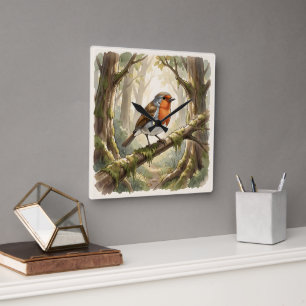 Cute robin bird in old forest square wall clock