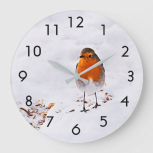 Cute Robin bird in snow Large Clock