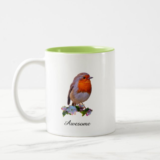 Cute Robin Bird & Personalized Text Two-Tone Coffee Mug (Left)