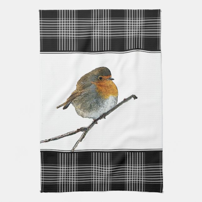 Cute Robin Bird Redbreast buffalol plaid border Kitchen Towel (Vertical)