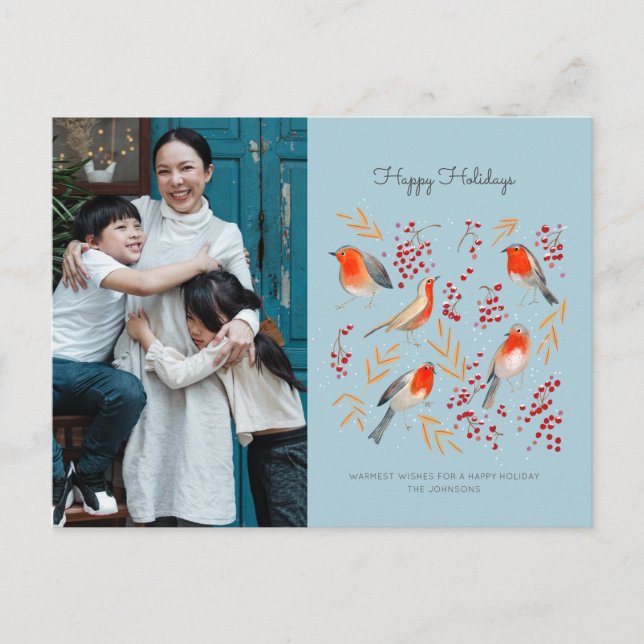 Cute robin birds blue & red christmas holiday postcard (Front)