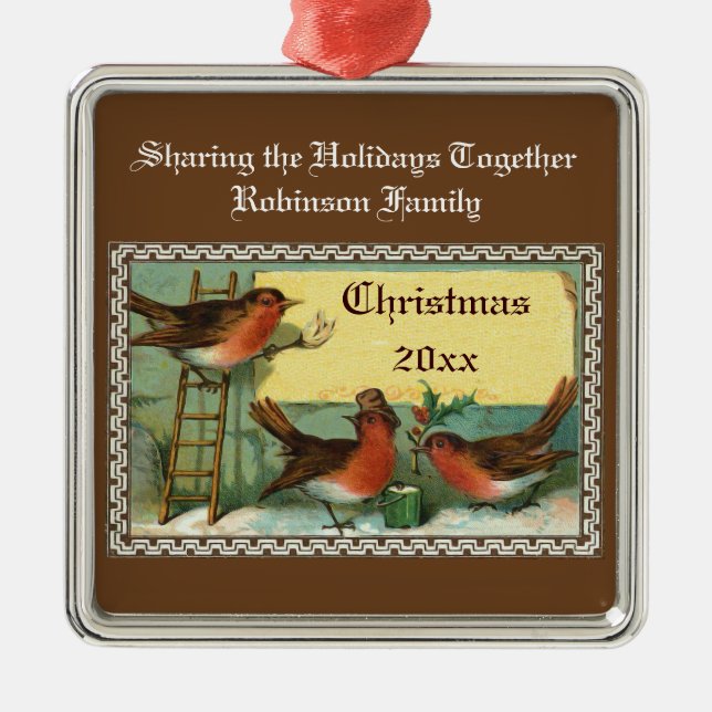 Cute Robin Birds Personalized Christmas Ornaments (Front)