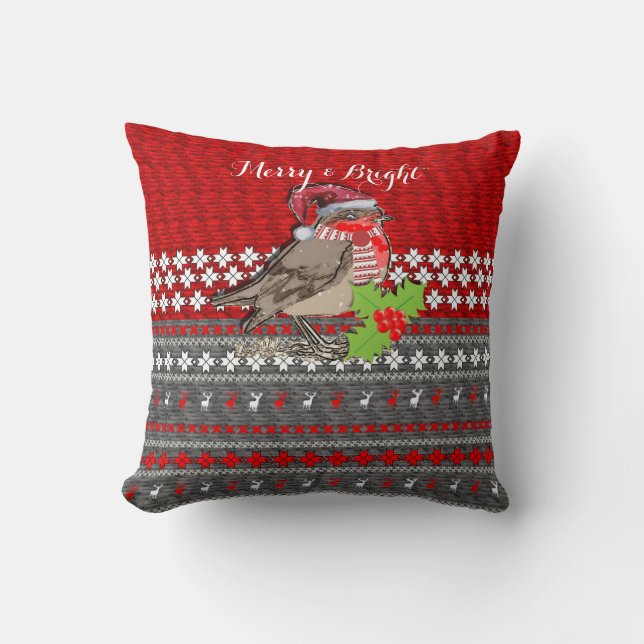 Cute Robin Christmas Themed Home Decor Throw Pillow (Front)