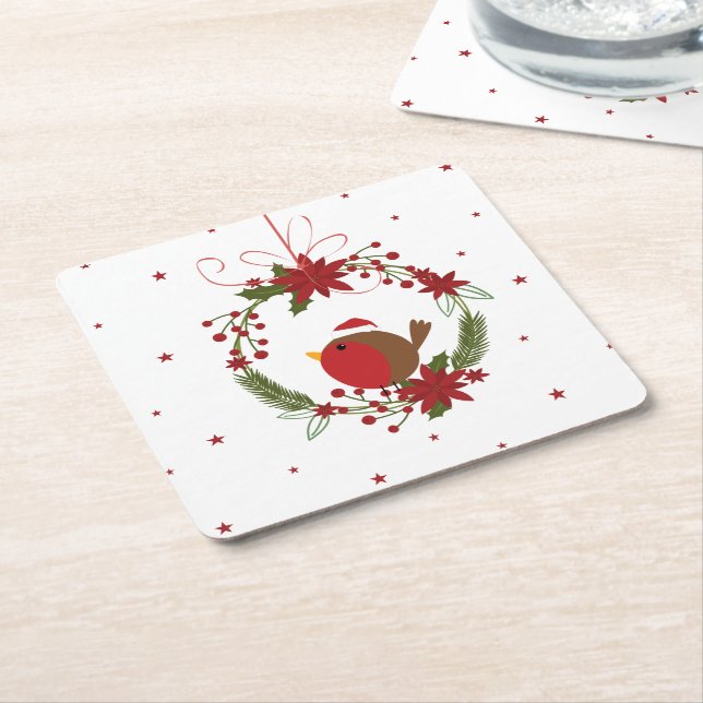 Cute robin Christmas wreath hanging decoration Square Paper Coaster (Angled)