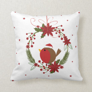 Cute robin Christmas wreath hanging decoration Throw Pillow