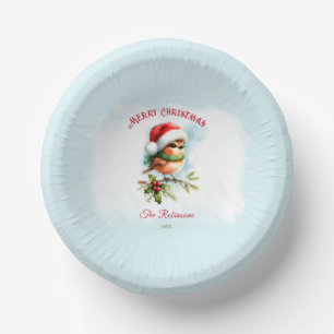 Cute Robin In Santa Hat Classic Blue Red Christmas Paper Plate
