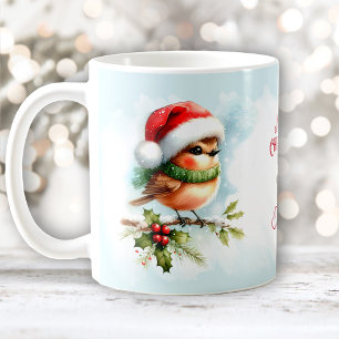 Cute Robin In Santa Hat Custom Name Christmas Coffee Mug