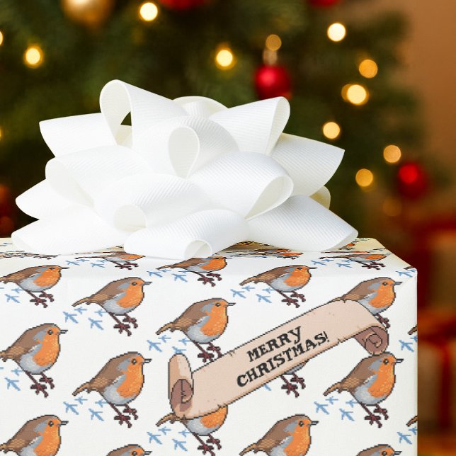 Cute Robin Merry Christmas 80s Retro Bird Pattern Wrapping Paper (Creator Uploaded)