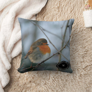 Cute Robin red breast bird monogrammed photo Throw Pillow