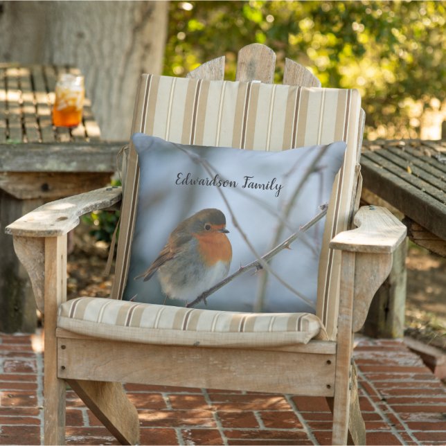 Cute Robin red breast bird photo family name Outdoor Pillow (Chair)