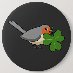 Cute Robin with Shamrock Clover Cartoon 6 Inch Round Button