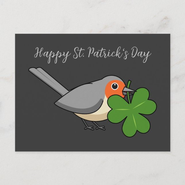 Cute Robin with Shamrock Clover Cartoon | Add Text Holiday Postcard (Front)