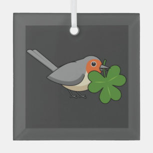 Cute Robin with Shamrock Clover Cartoon Glass Ornament