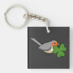 Cute Robin with Shamrock Clover Cartoon Keychain