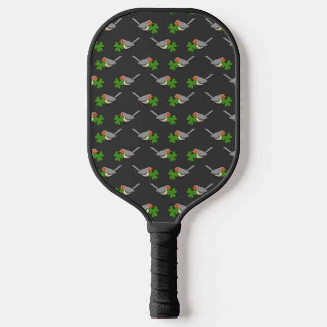 Cute Robin with Shamrock Clover Cartoon Pickleball Paddle (Front)