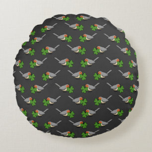 Cute Robin with Shamrock Clover Cartoon Round Pillow