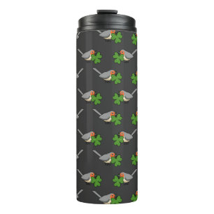 Cute Robin with Shamrock Clover Cartoon Thermal Tumbler