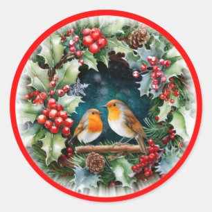 Cute robins and holly and foliage classic round sticker