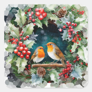 Cute robins and holly and foliage square sticker