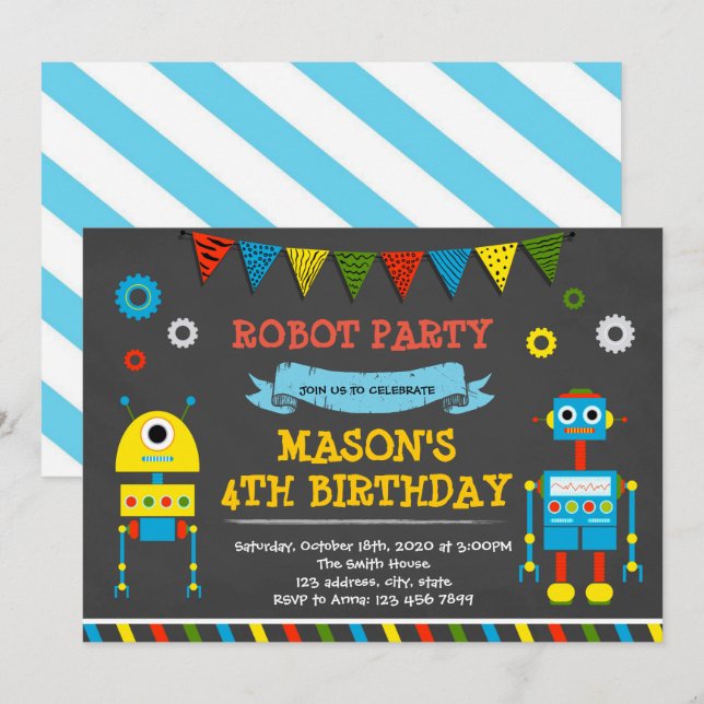 Cute robot birthday party invitation (Front/Back)