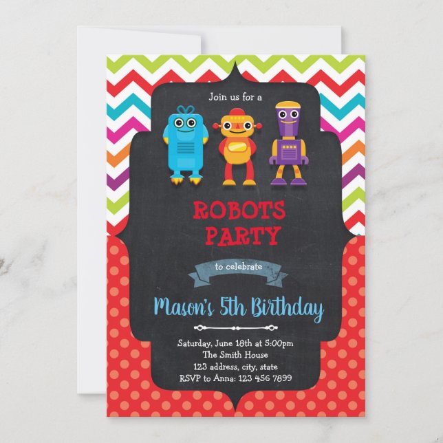 Cute robot birthday party invitation (Front)