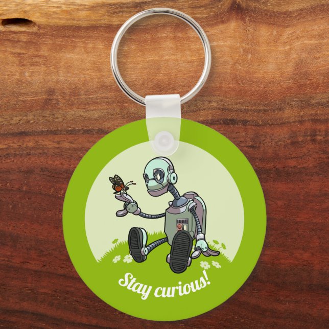 Cute Robot & Butterfly Stay Curious! Cartoon Keychain (Back)