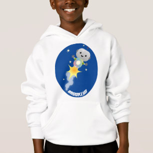 Cute robot flying in space cartoon illustration