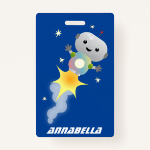 Cute robot flying in space cartoon illustration badge