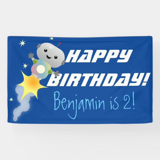 Cute robot flying in space cartoon illustration banner (Horizontal)